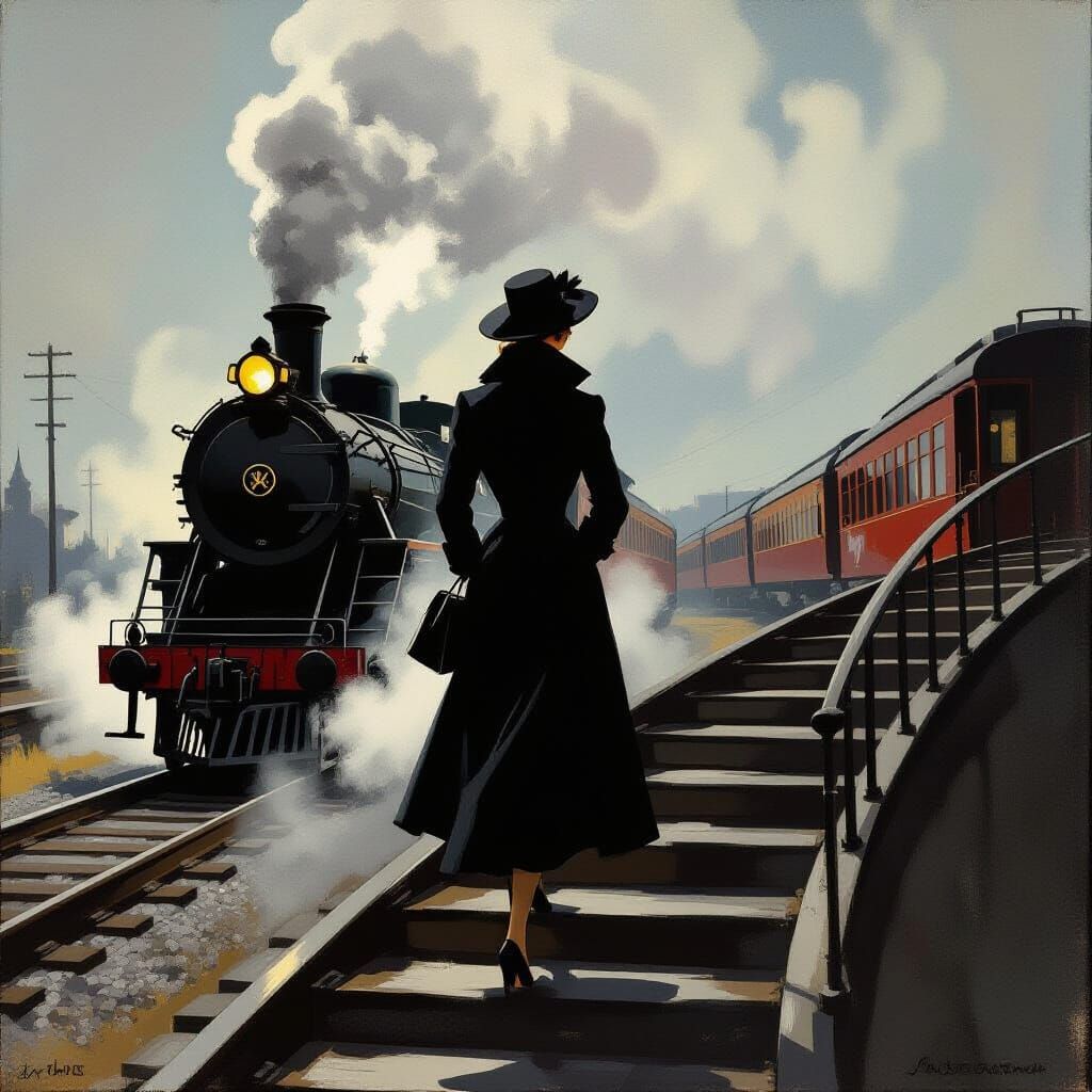 Elegant Woman on Steam Train in Hopper Style
