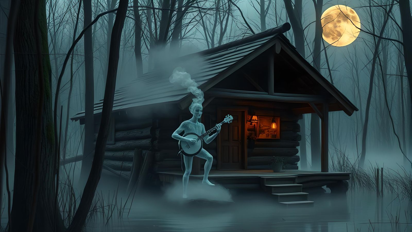 Swamp Cabin with Smoky Banjo Player at Night