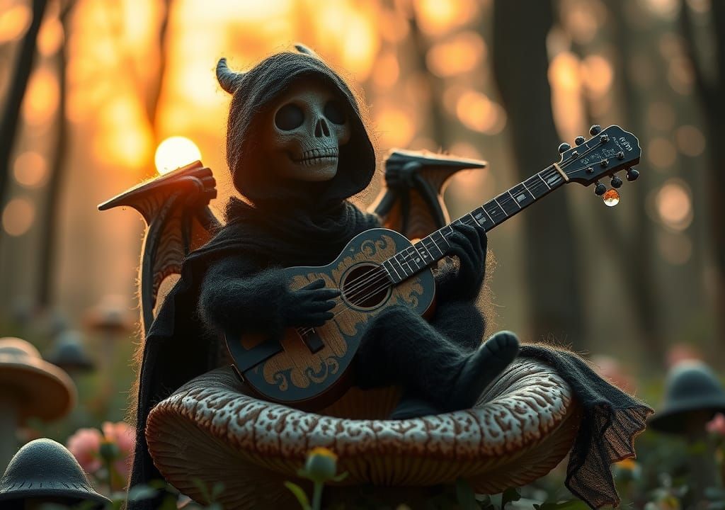 Fluffy Grim Reaper Plays Guitar in Forest