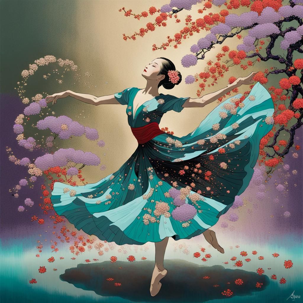 Floral Dancer in Motion: An Ukiyo-e Inspired Vision