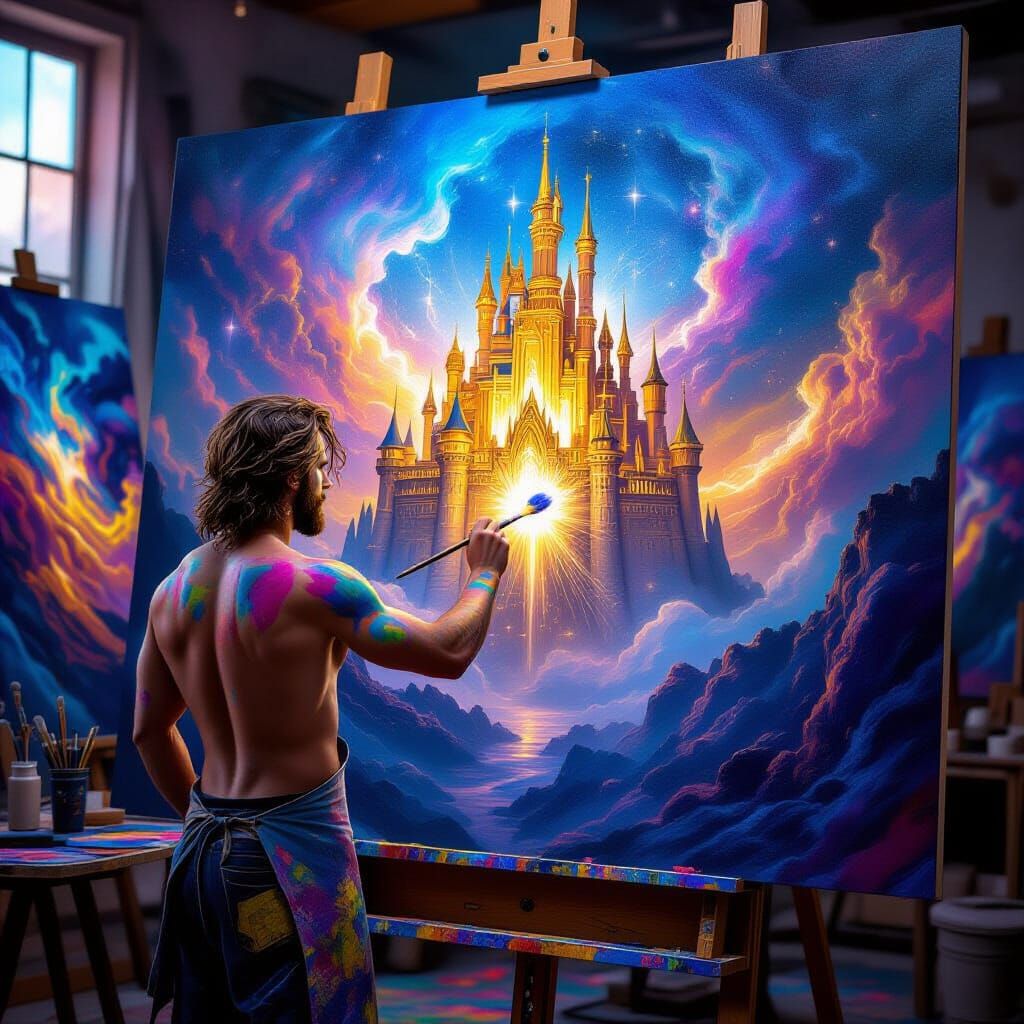 Artist Paints Ethereal Golden Castle in Nebula Sky