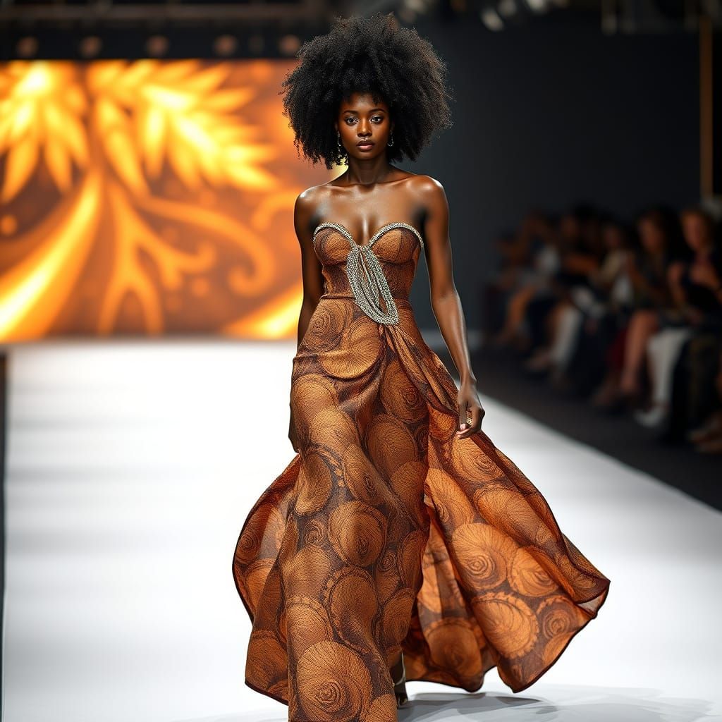 Confident Black Model Struts Down Catwalk in Tropical Evenin...
