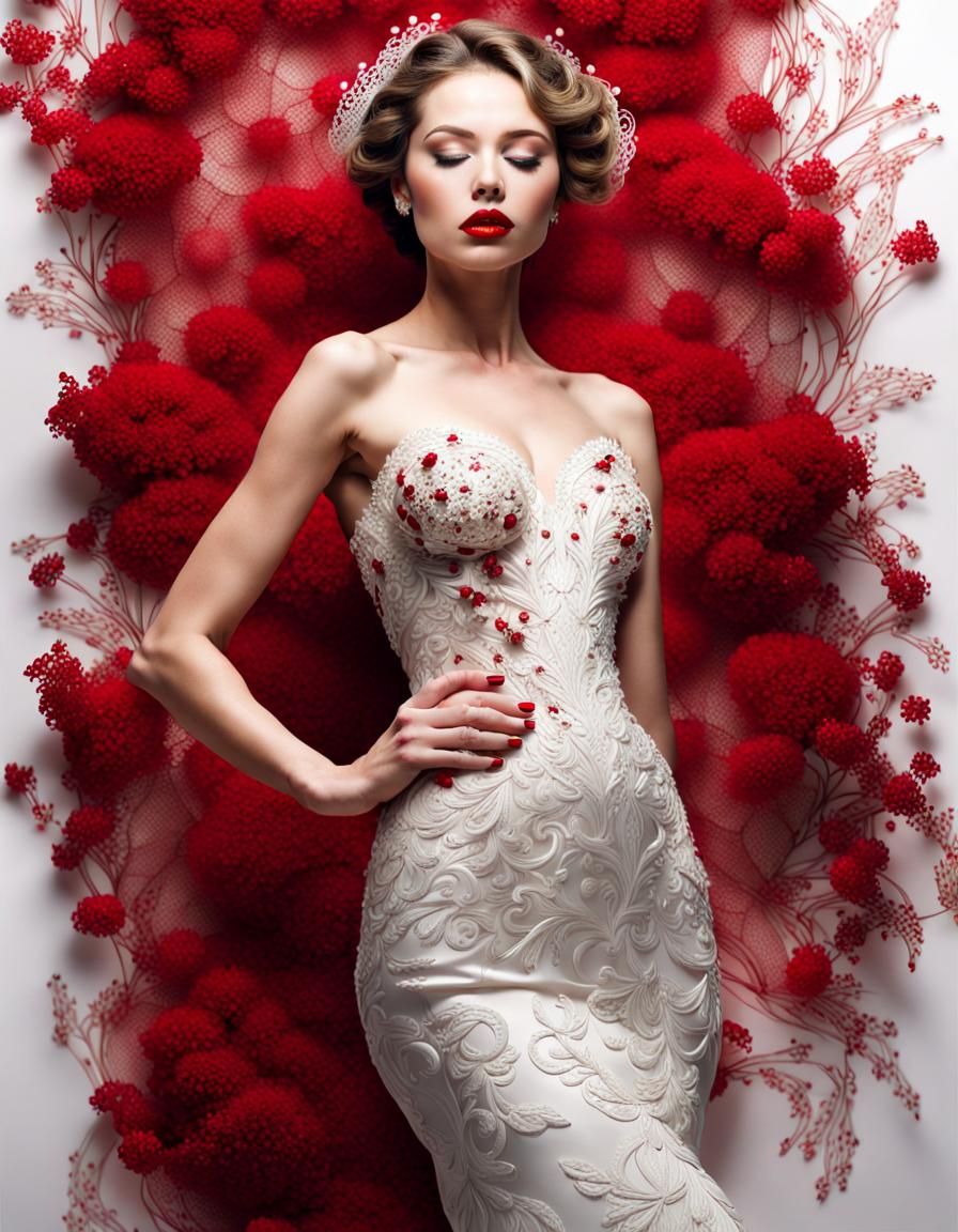 Demure Bride in Red Lace Dress