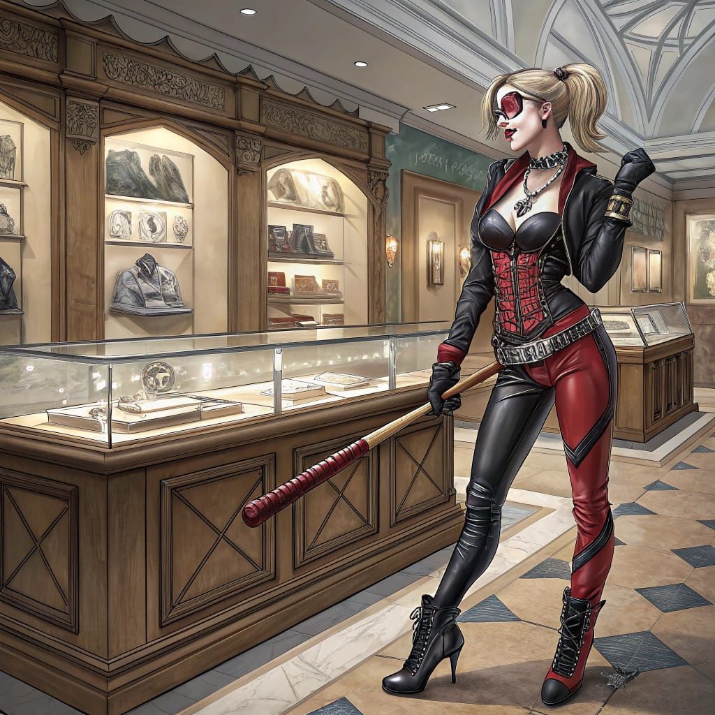 Glamorous Female Thief in Leather Outfit Steals Jewellery