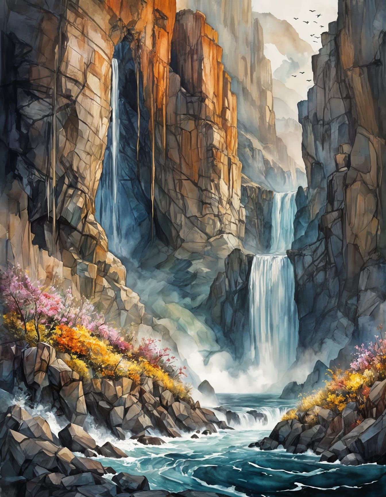 Serene Waterfall in Vibrant Watercolor
