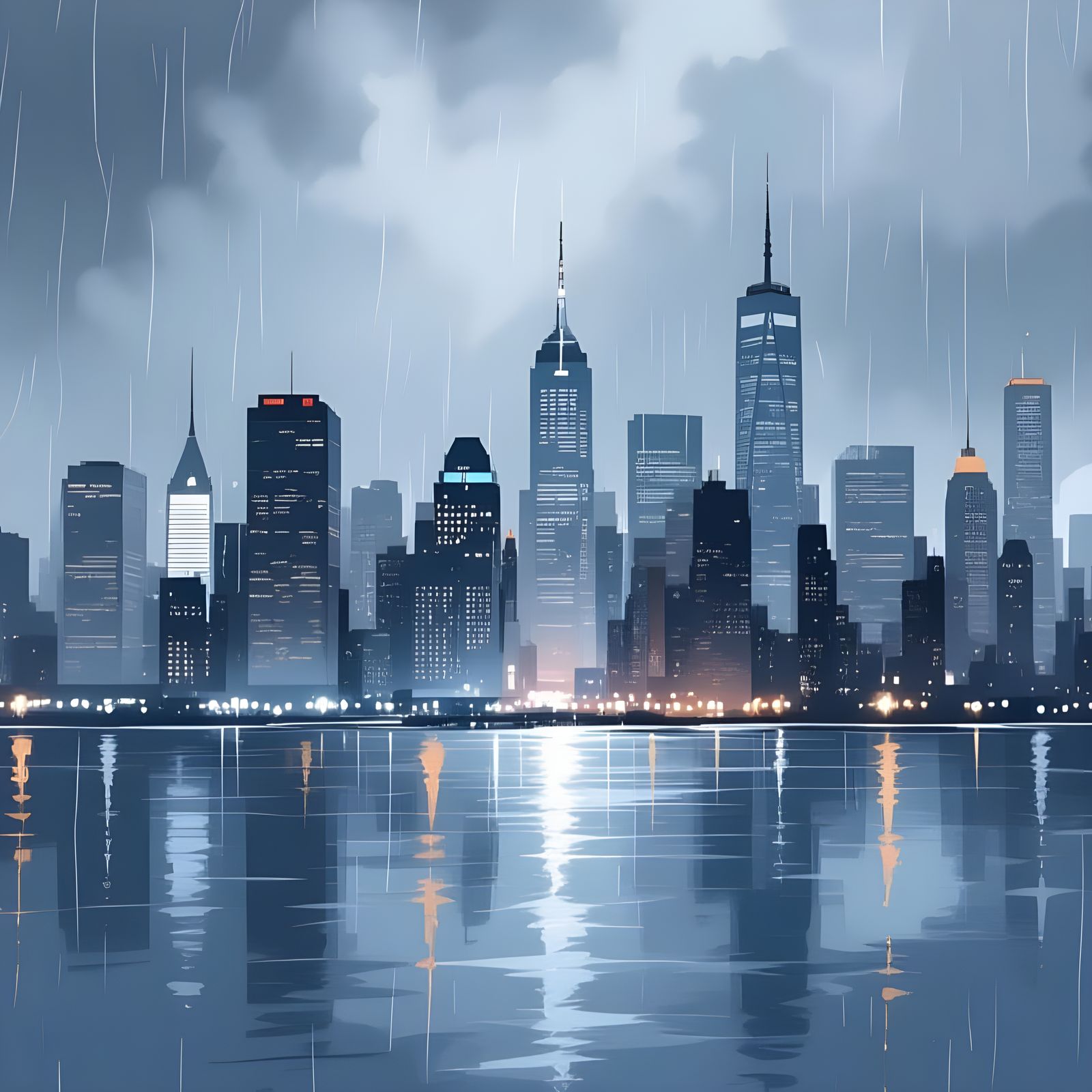 Abstract Cityscape Under Heavy Rain as Digital Painting