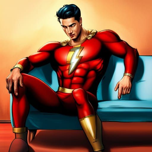 Hyperrealistic Shazam Relaxing on Sofa in HDR