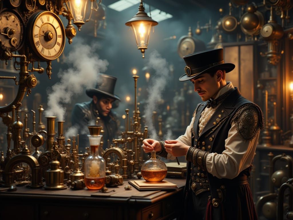 Steampunk Magician Prepares Potion in Workshop