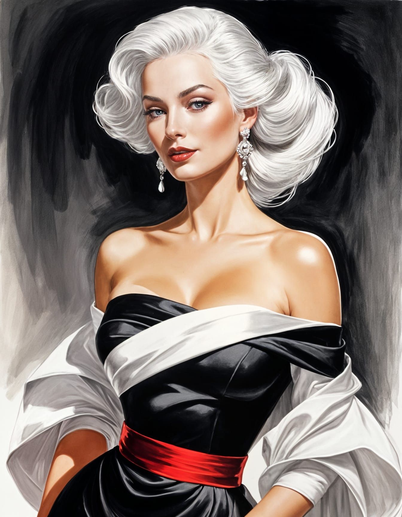 Elegant White-Haired Lady in Chic Black and White