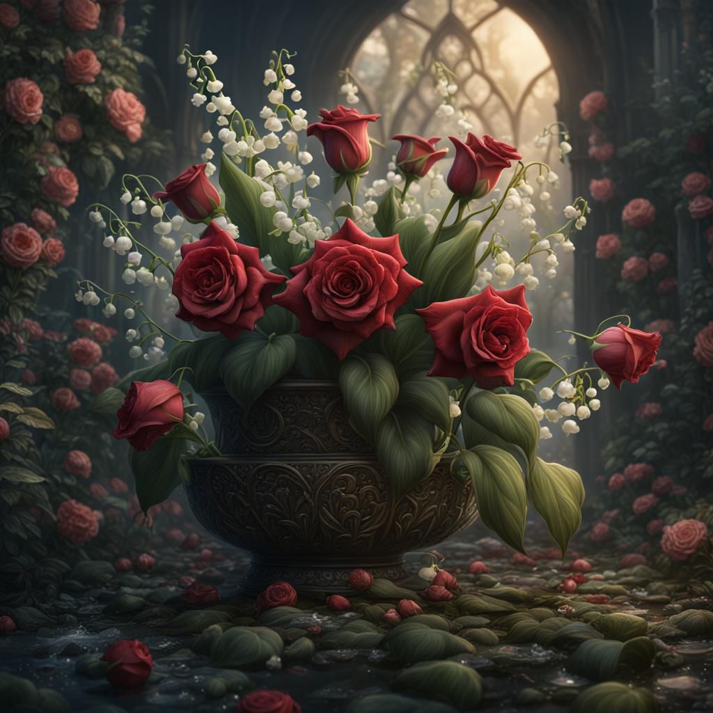 Roses and Lily of the Valley in Matte Painting Style
