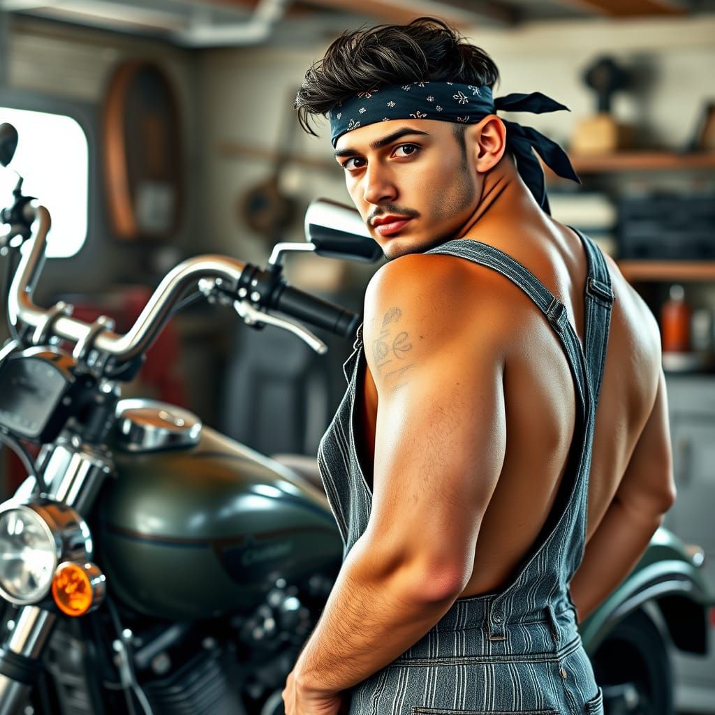 Chiseled Hispanic Motorcycle Mechanic Working on a Harley Ch...