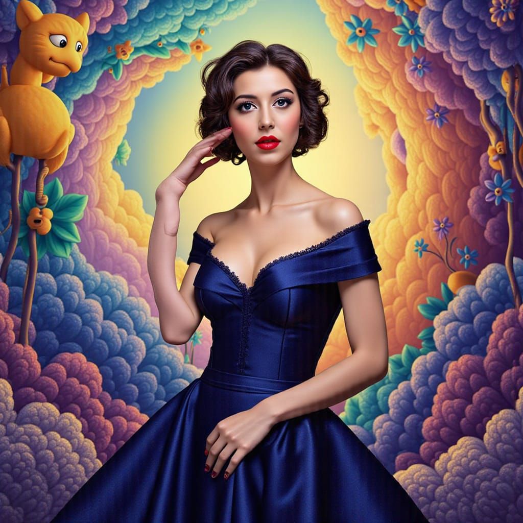 Elegant Woman in Futuristic Art Nouveau Landscape