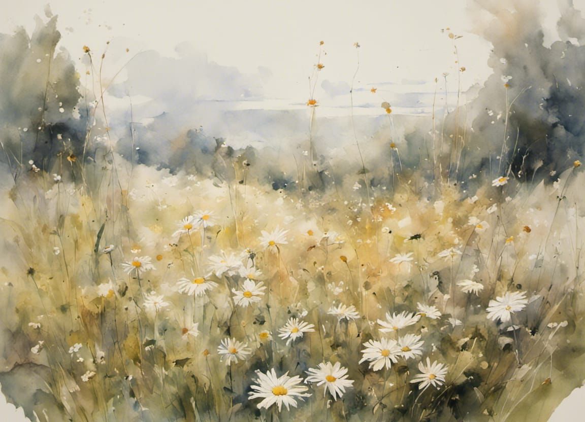 Daisies in Meadow as Detailed Watercolor Painting