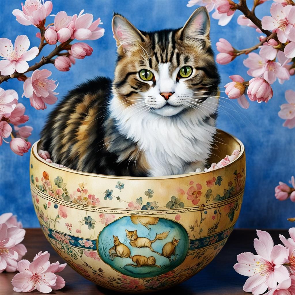 Cat Playing in Easter Egg, Dürer Aquarelle Style