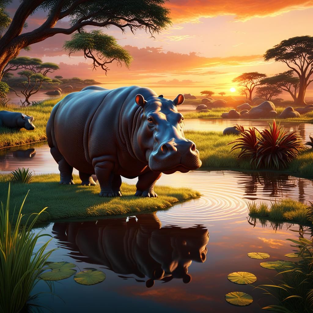 Hippo Relaxing in Savannah Sunset: Fantasy Concept Art