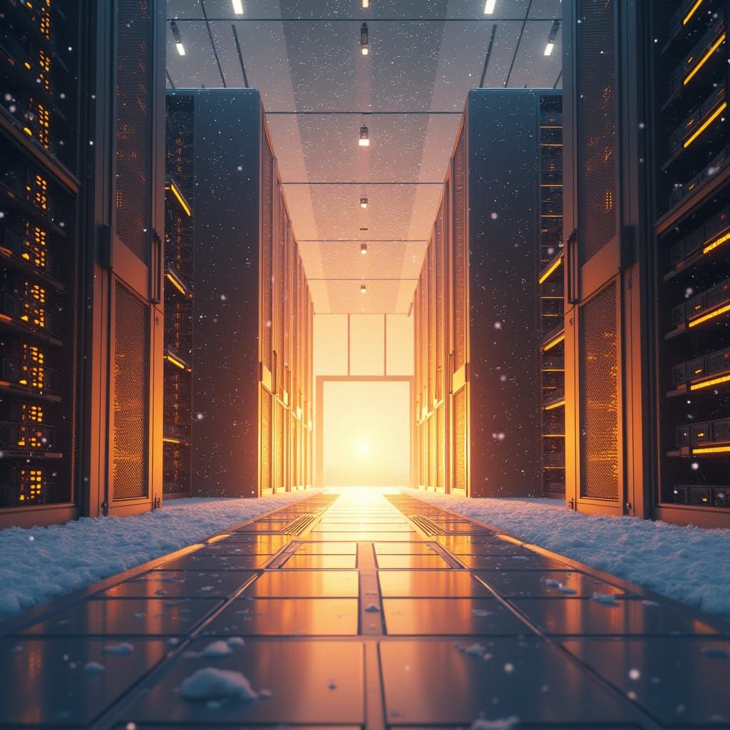 Sleek Futuristic Data Center Facility in Winter Wonderland S...