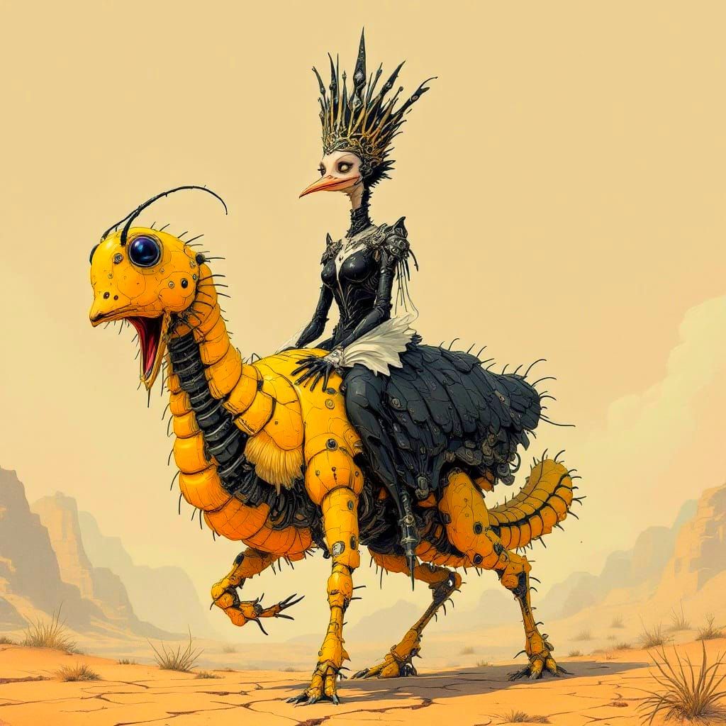 Baroque Ostrich Hierophant Cyborg in Surreal Desert Landscap...