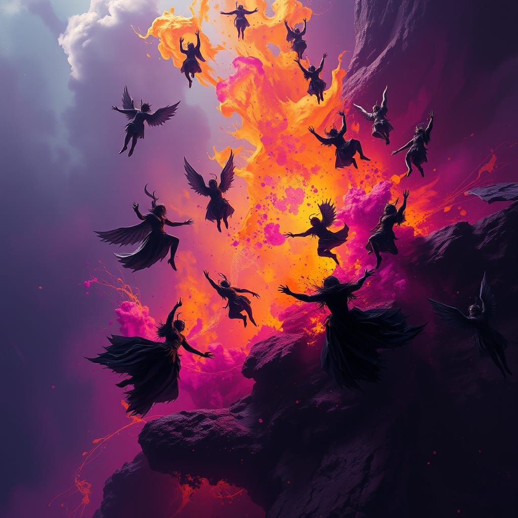 Dark Fantasy Figures Plummeting as Alcohol Ink Splatters