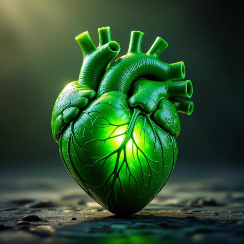 Vibrant Green Heart with Luminous Veins in Spotlight