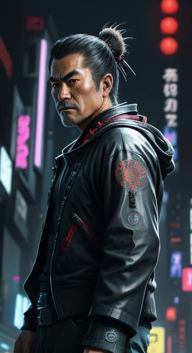 Toshiro Mifune, Yojimbo, samurai, with a sly look and an expressive smile, sci-fi modification, sci-fi art, sci-fi, futu...