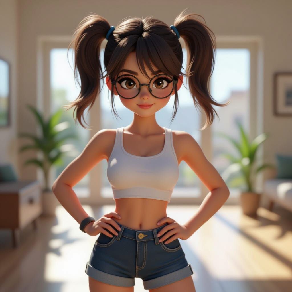 Girl Posing with Pigtails in 3D Rendered Scene