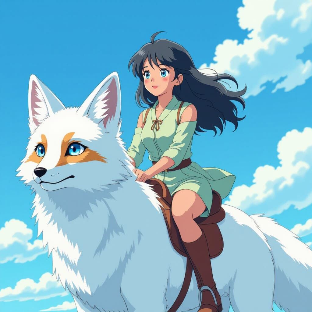 Woman Rides Fox in Anime Style Sky