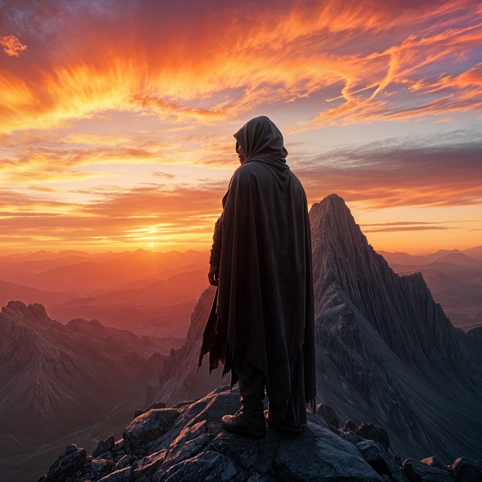 Fantastical Mountain Figure Emerging from Sunset Glory