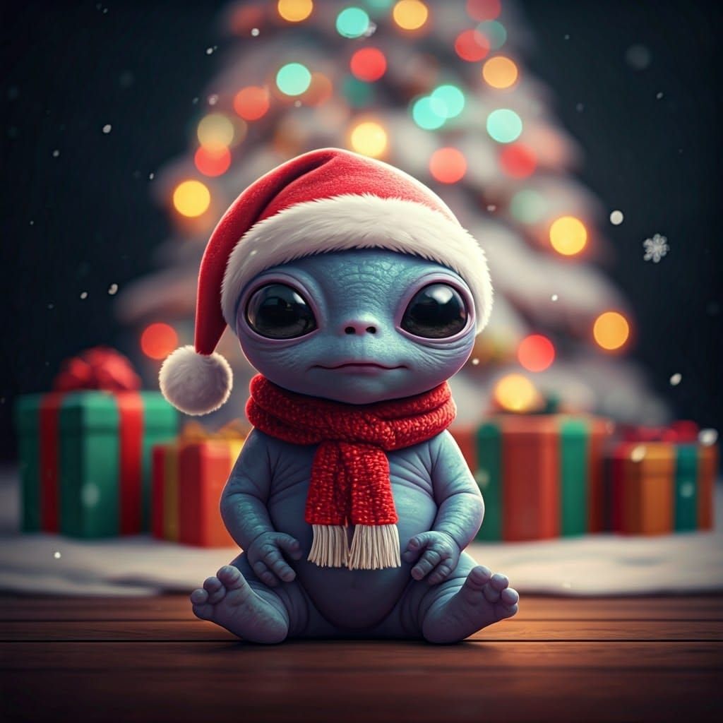Surreal Whimsical Alien Child Enjoys Christmas