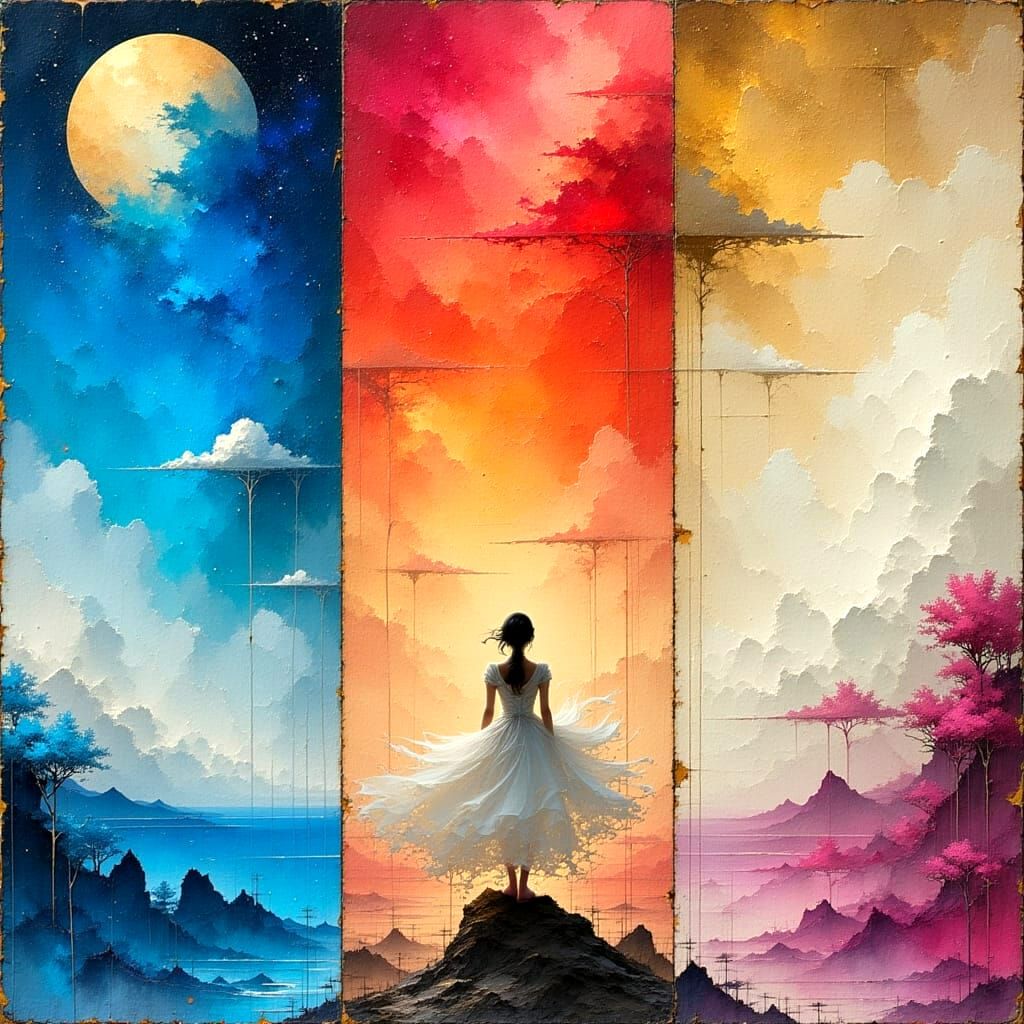 Surreal Triptych of Dreamlike Worlds in Pastel Shades