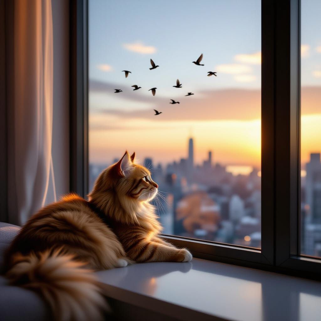 Fluffy Cat Gazes at Birds from High-Rise Window