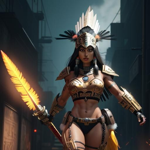 Aztec Warrior Woman with Flaming Sword in 3D