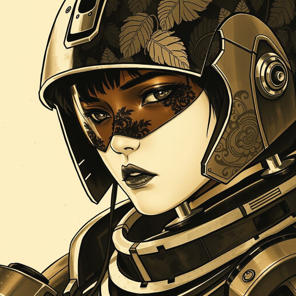 Majestic Sci-Fi Warrior in Sepia-Toned Ink Wash