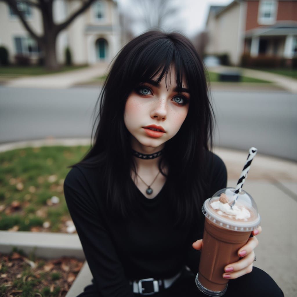 Emo Woman Lounging with Chocolate Milkshake