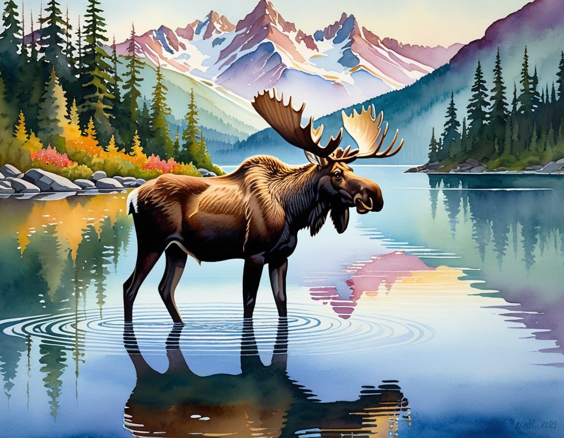 Majestic Moose in Alpine Lake: Gouache Painting