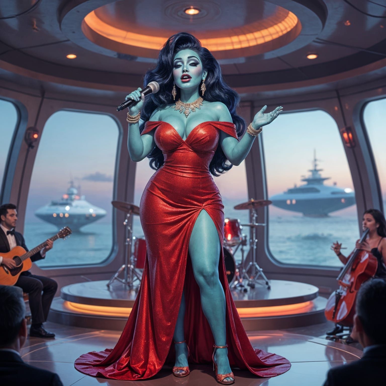 Glamorous Alien Diva on Futuristic Stage