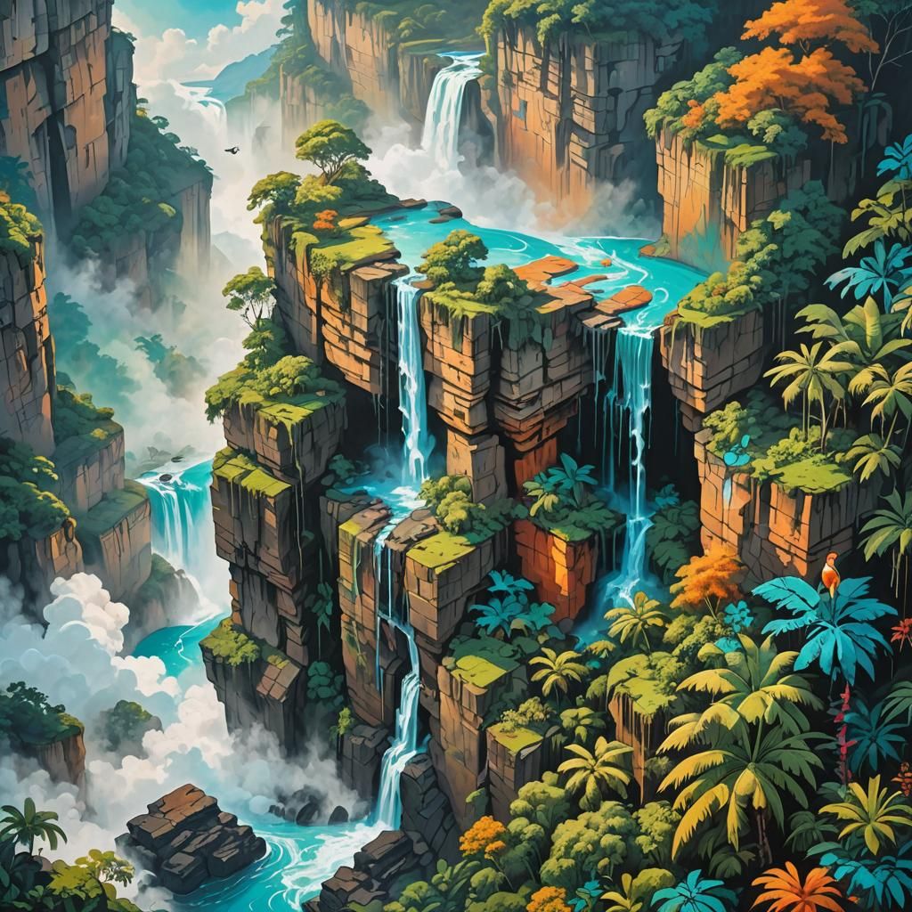 Tropical Waterfall Graffiti Art with Swirling Clouds
