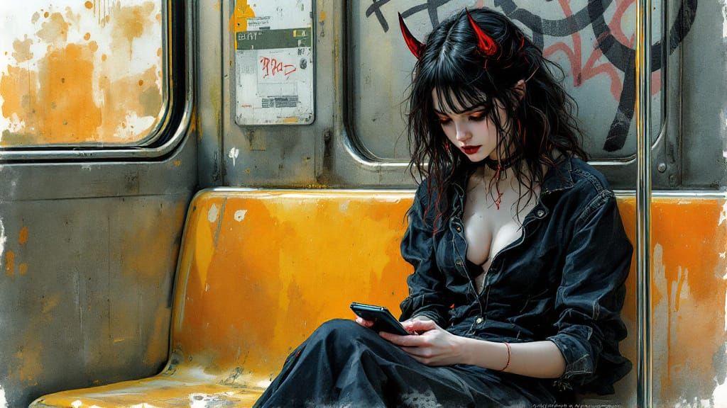 Vampire Girl on Subway, Ethereal Watercolor Style