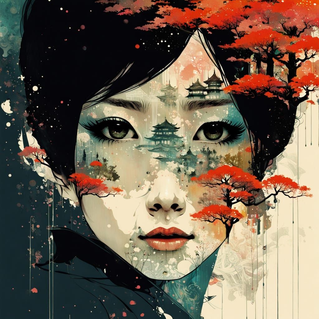 Galaxy Drips Into Japanese Cityscape With Princess Silhouett...