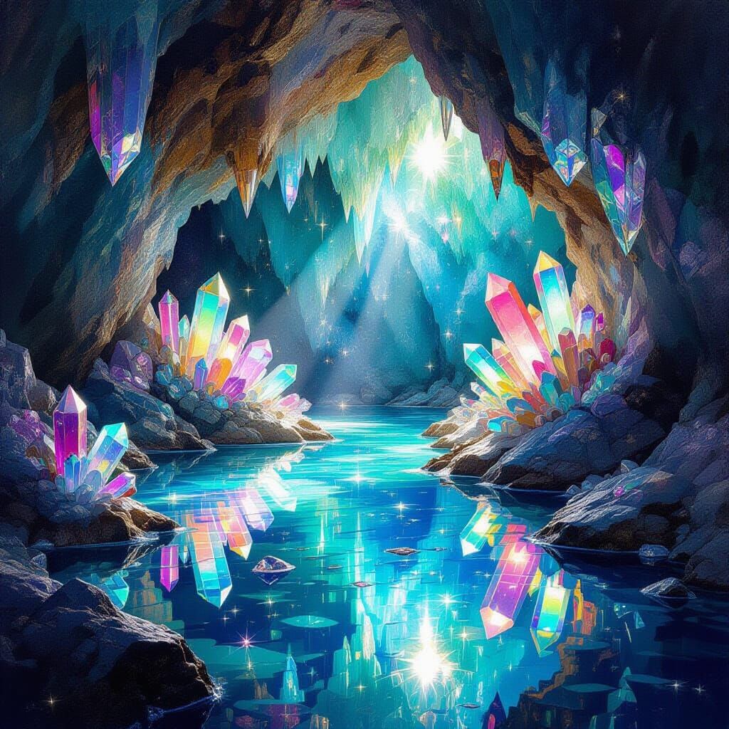 Shimmering Gemstone Cave with Iridescent Minerals