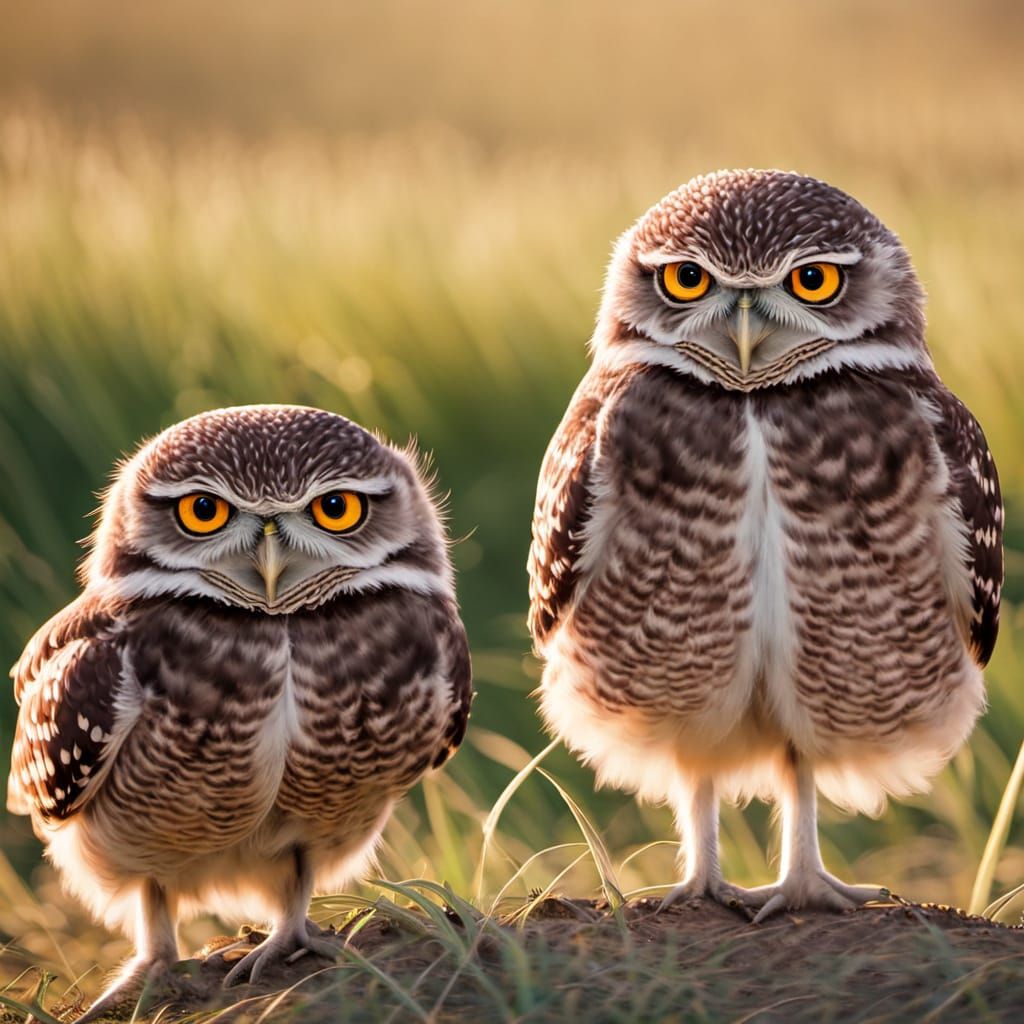 Cute Burrowing Owls Standing on Ground at Sunset