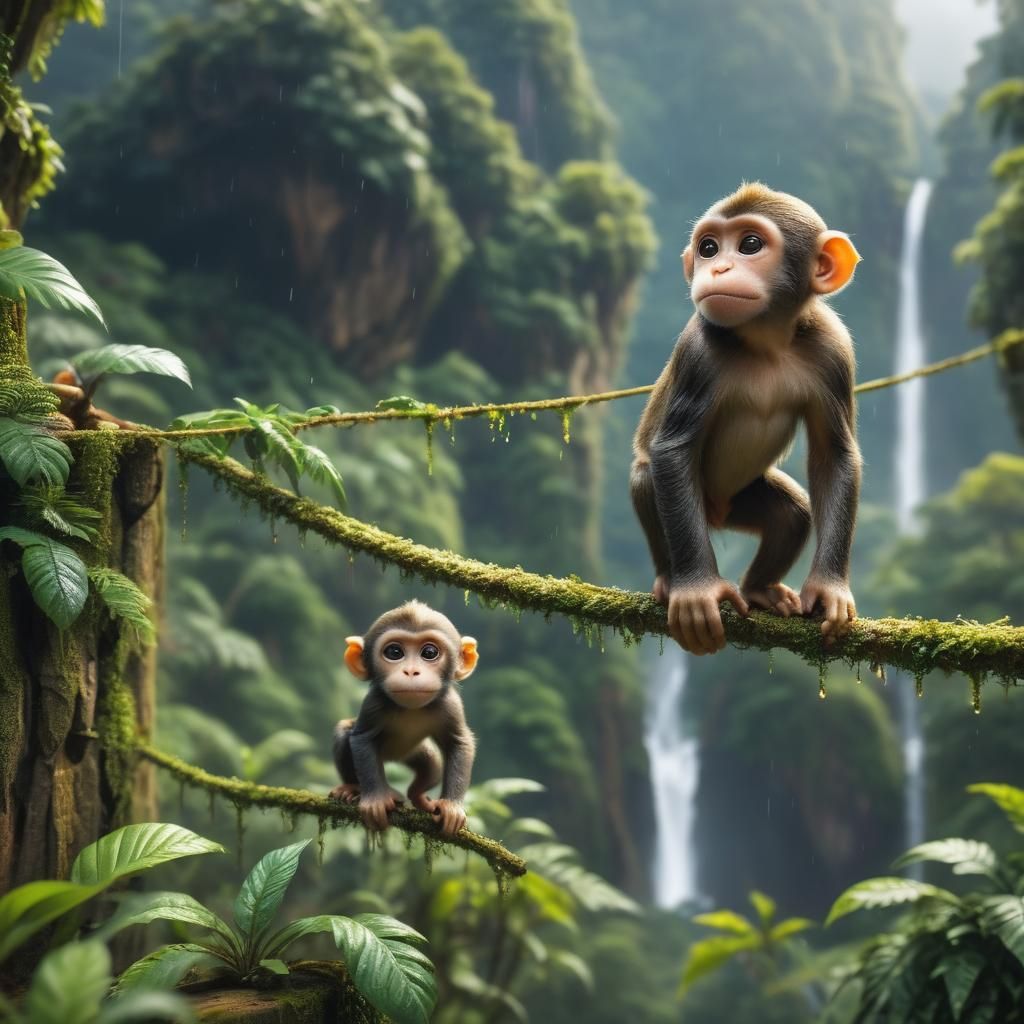 Cute Monkey on Rainforest Bridge: Tilt-Shift Macro