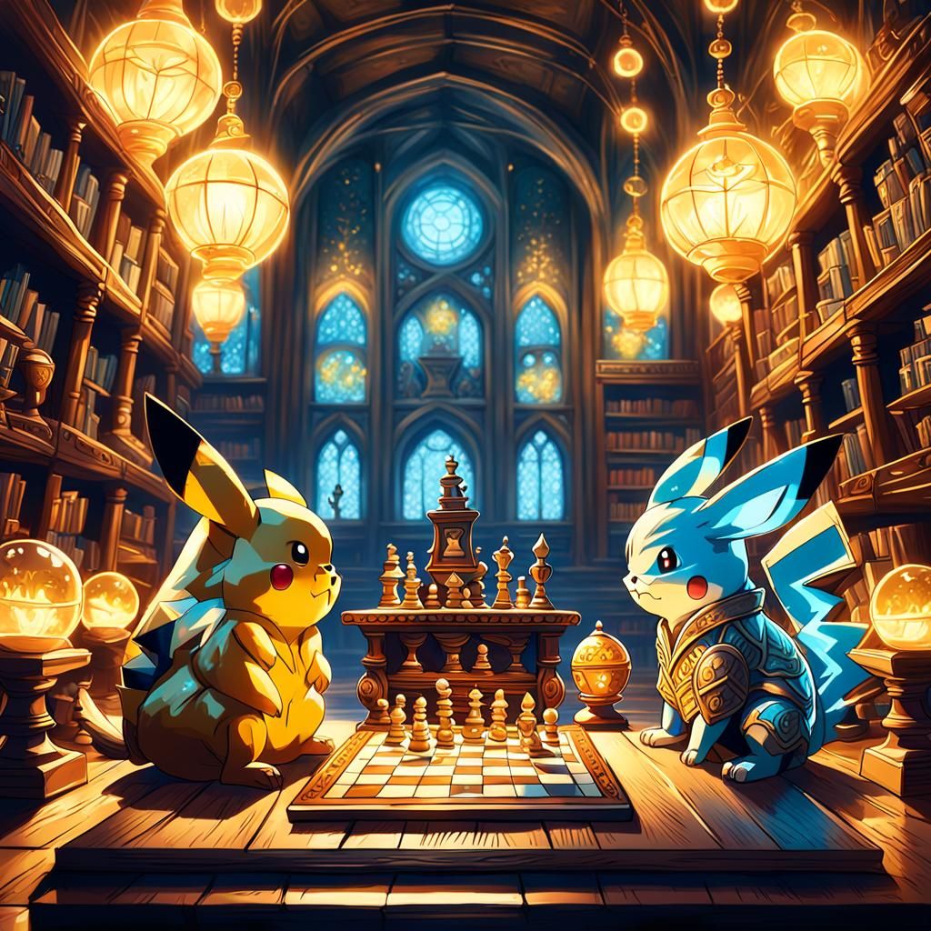 Pikachu and Magnus Carlsen Chess Match in Fantasy Library
