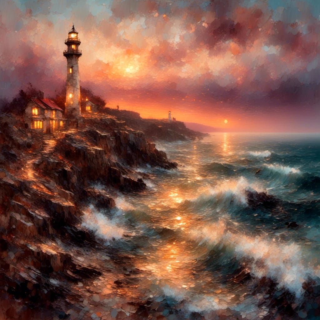 Romantic Lighthouse Painting at Sunset