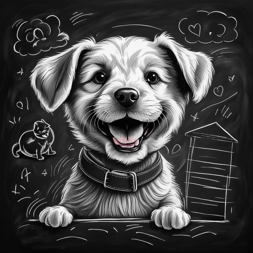 Chalk Line Sketch of a Smiling White Puppy