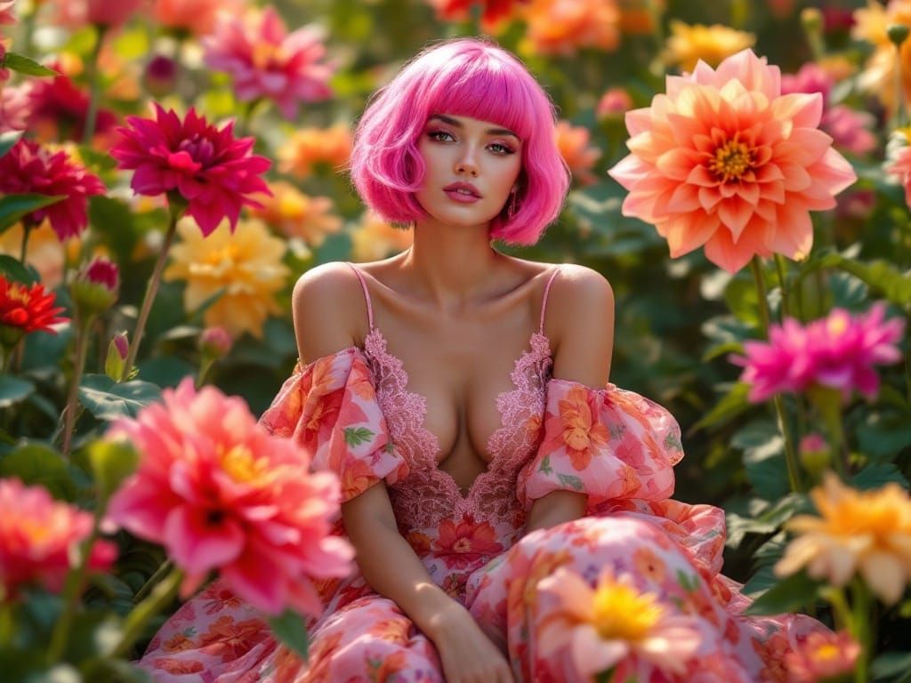 Elegant Woman Surrounded by Vibrant Dahlias in Futuristic Bo...