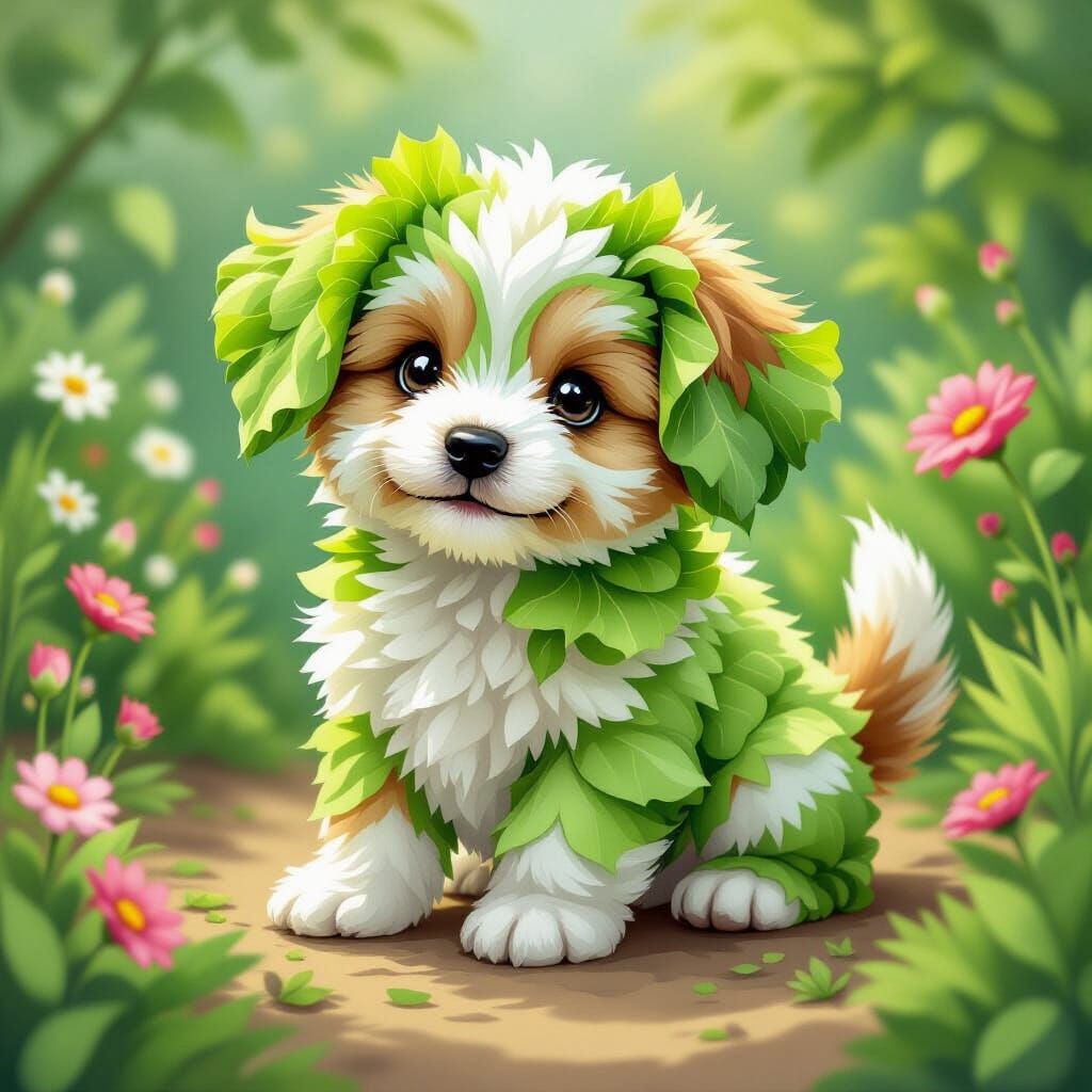 Lettuce Puppy in Whimsical Garden, Beatrix Potter Style