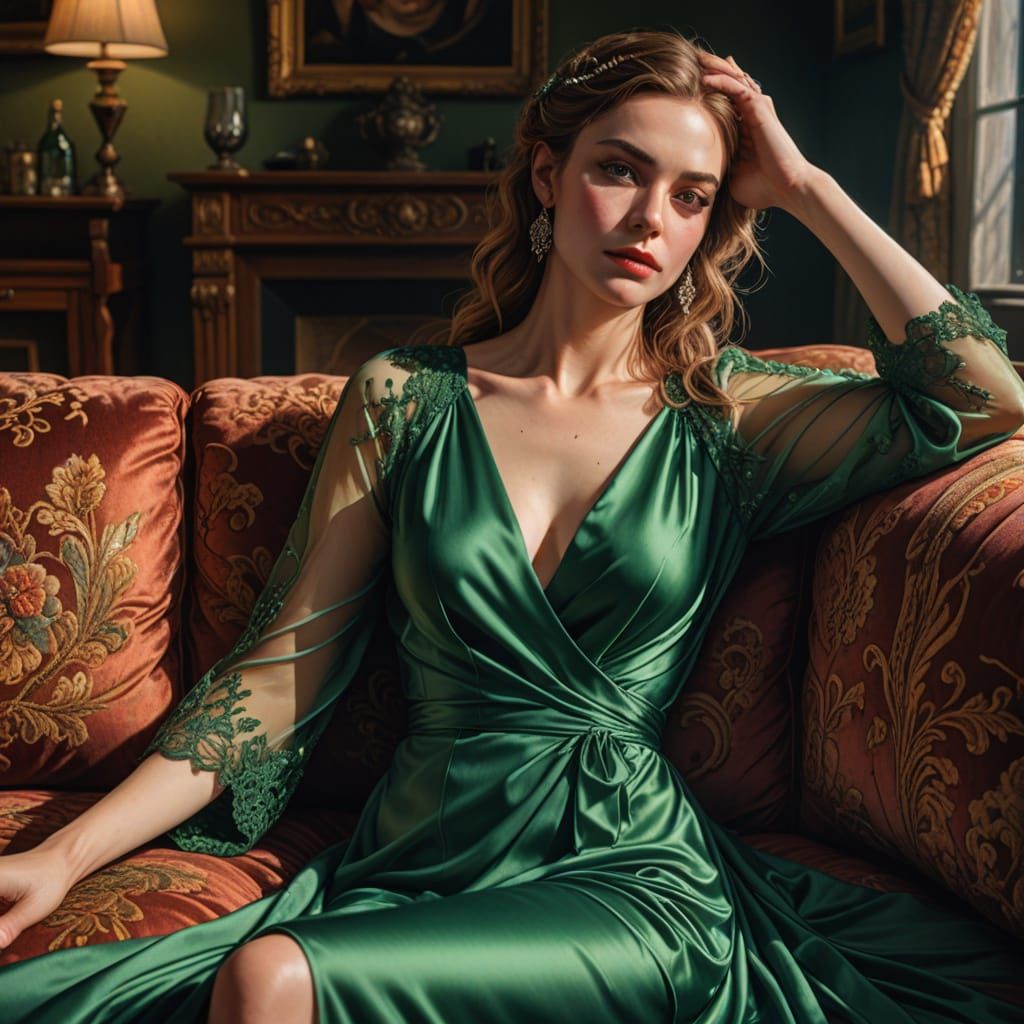 Hyperrealistic Woman in Green Silk Gown on Couch