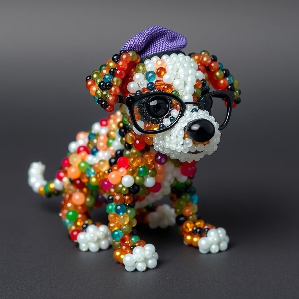 Glass Bead Puppy with Beret and Glasses