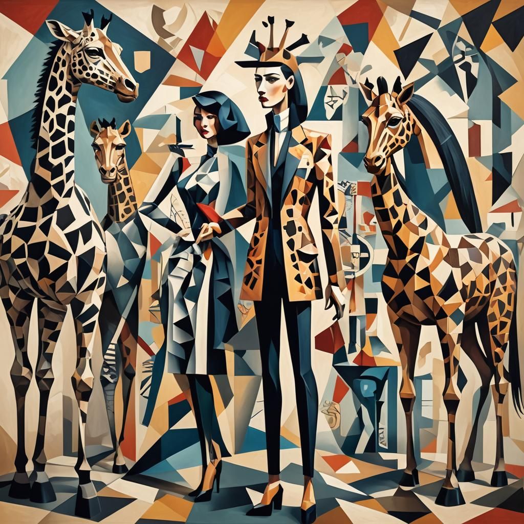 Cubist Rendering of Animals and Woman