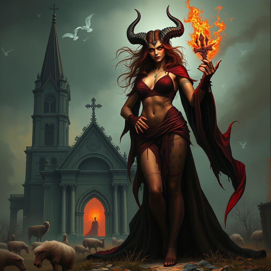 Redhead Witch with Gothic Church in Dark Realism